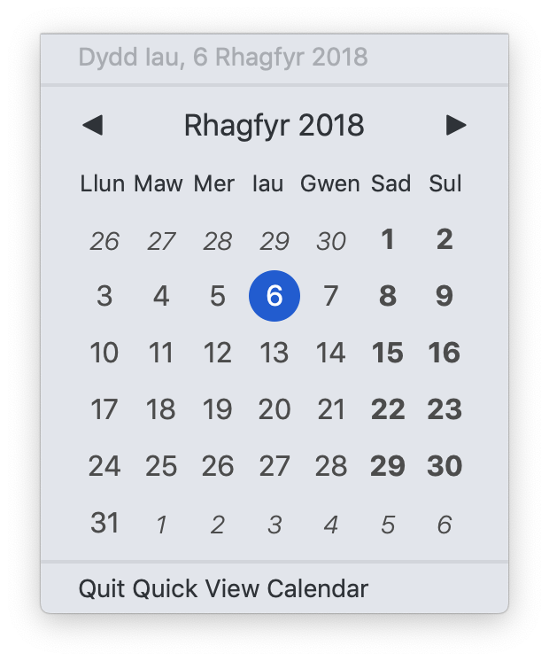 Quick View Calendar in Welsh