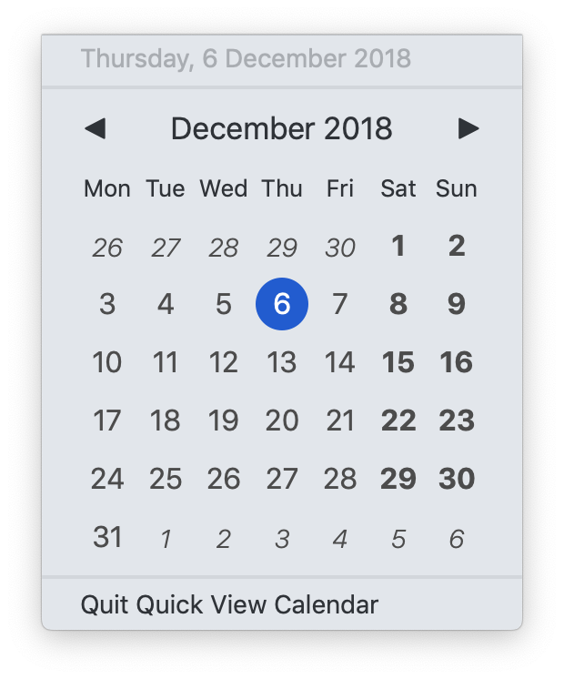 Quick View Calendar in light menu bar mode